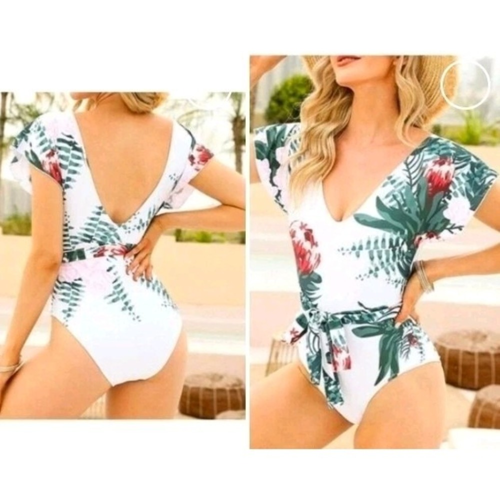Byinns White Floral‎ One Piece Swimsuit M Belted Flutter Sleeve Modest Tropical